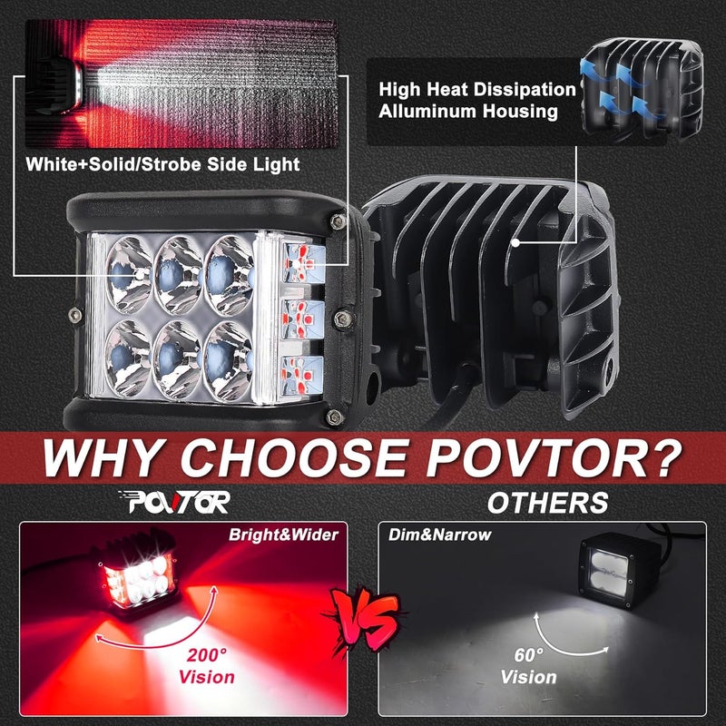 POVTOR أضواء بود LED مزدوجة الجوانب، 4 بوصة بودات ضوء LED مع مصابيح DRL حمراء ثابتة ووميض للقيادة على الطرق الوعرة لمركبات الجرار والشاحنات والدراجات الرباعية والسيارات الرياضية والقوارب 4x4 - Image 3